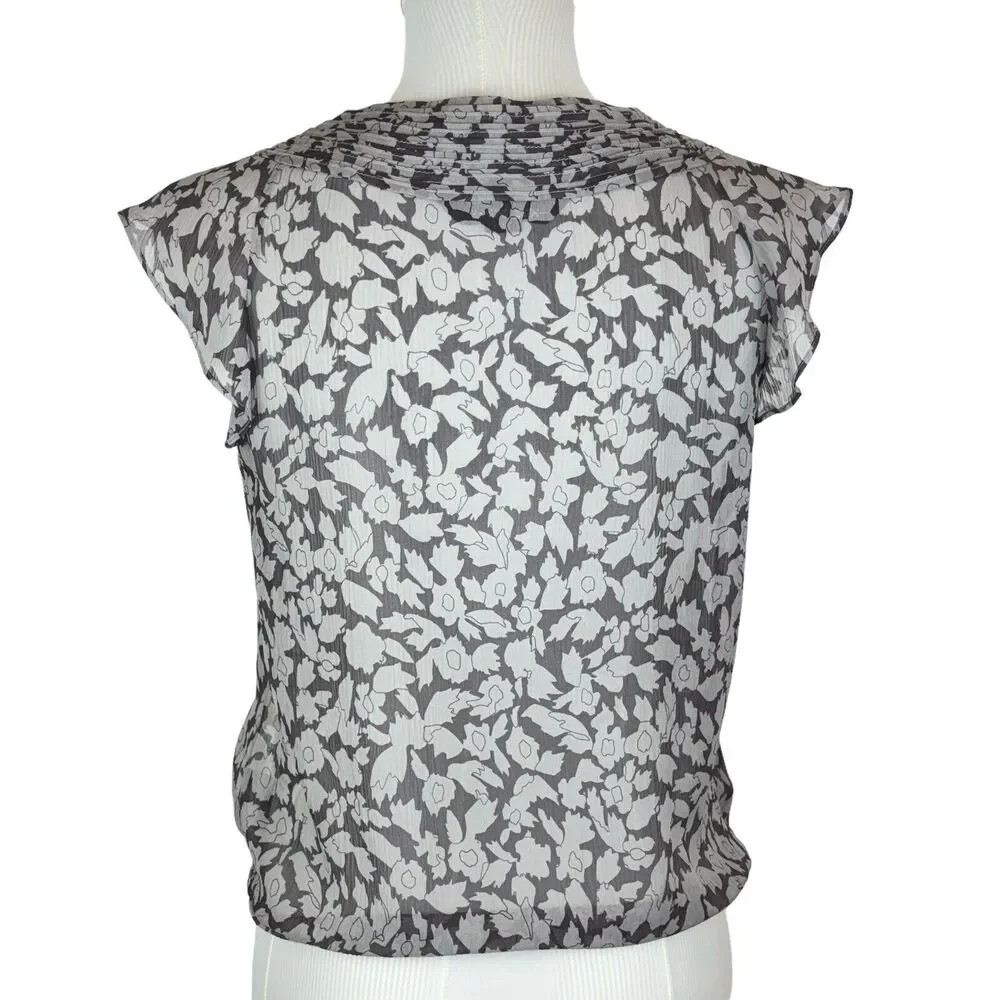 Club Monaco silk‎ chiffon flutter sleeve blouse Gray Brown print sheer Top Sz M - Picture 8 of 13